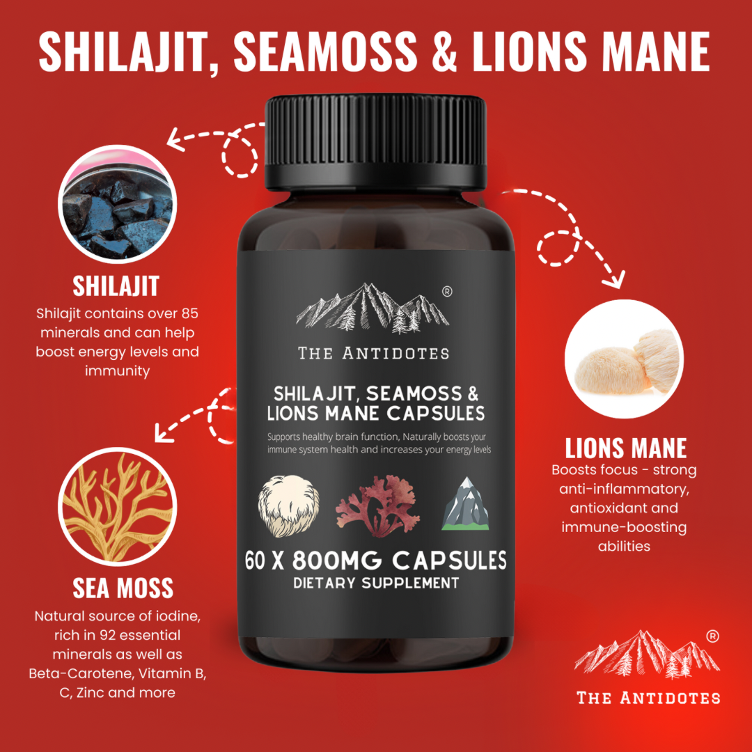 Shilajit, SeaMoss and Lions Mane Capsules | 60 Capsules - Vegan