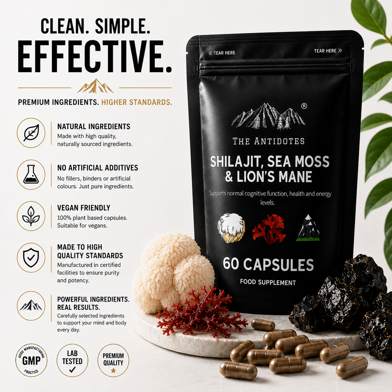 Shilajit, SeaMoss and Lions Mane Capsules - 60 Capsules - Vegan