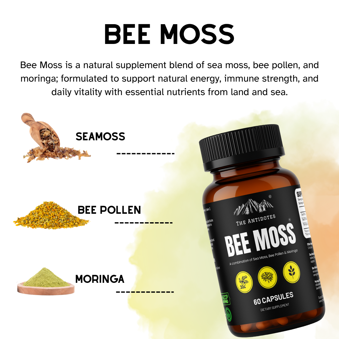 Bee Moss | Sea Moss, Bee Pollen, Moringa Capsules | Energy & Immunity Support – 60 Capsules