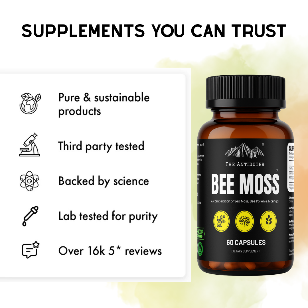 Bee Moss | Sea Moss, Bee Pollen, Moringa Capsules | Energy & Immunity Support – 60 Capsules