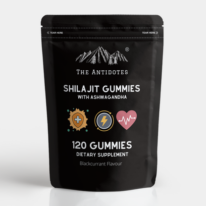 The Antidotes Shilajit and ashwagandha gummies in blackcurrant flavour