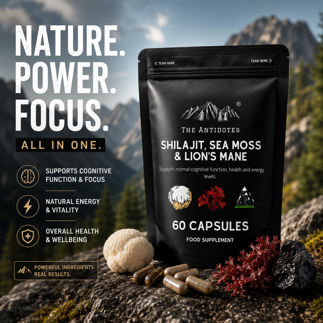 The Antidotes Shilajit, Sea Moss and Lion's Mane capsules, 60 capsule pack