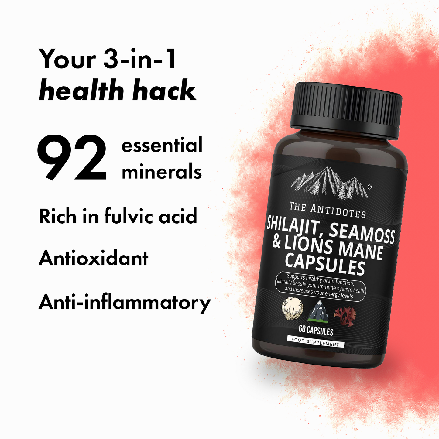 Shilajit, SeaMoss and Lions Mane Capsules - 60 Capsules - Vegan