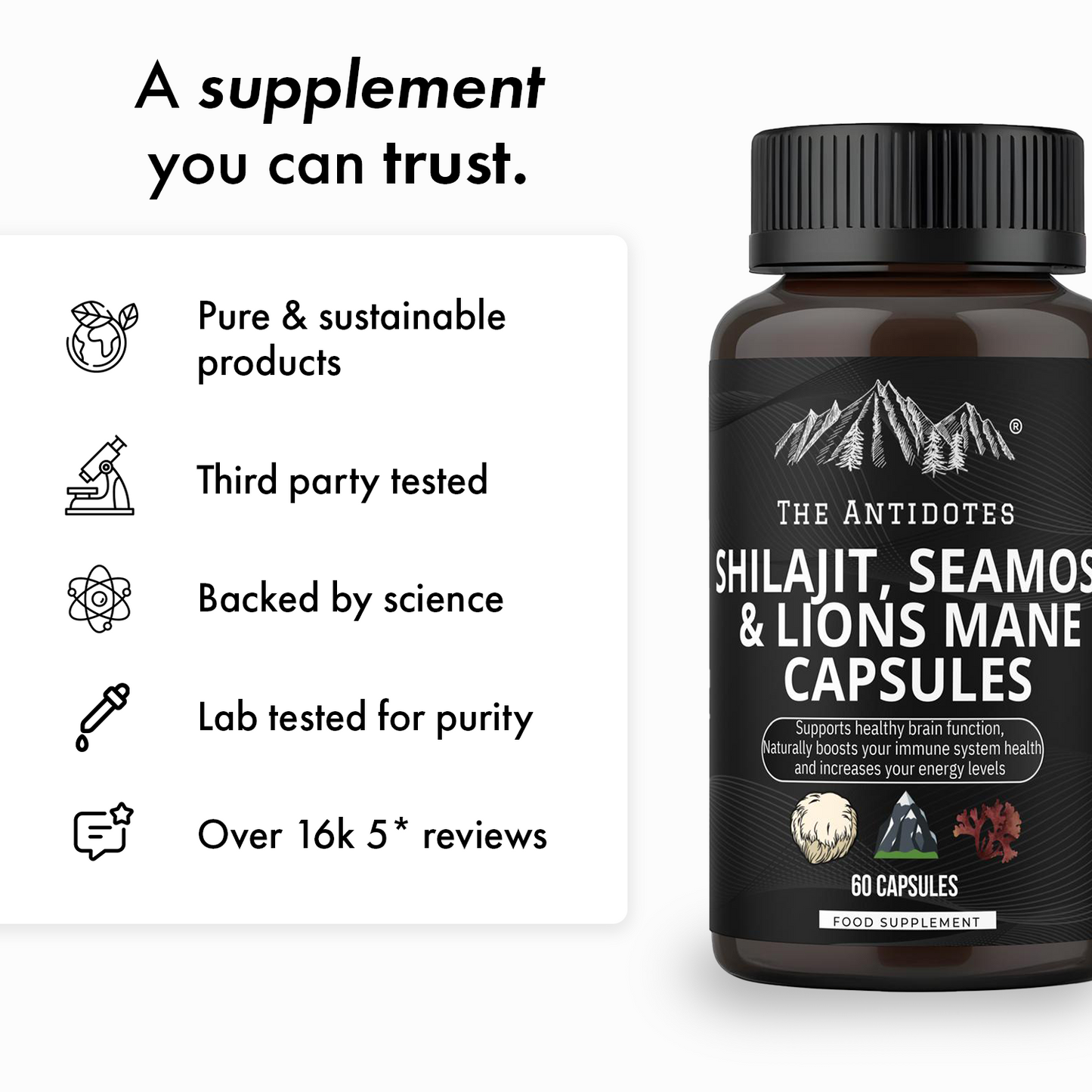Shilajit, SeaMoss and Lions Mane Capsules - 60 Capsules - Vegan