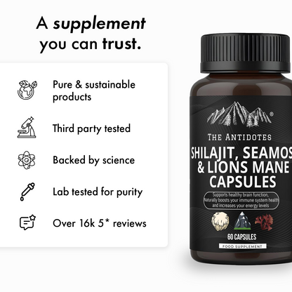 Shilajit, SeaMoss and Lions Mane Capsules - 60 Capsules - Vegan