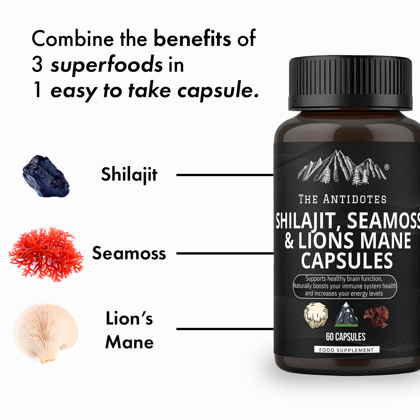 Shilajit, SeaMoss and Lions Mane Capsules - 60 Capsules - Vegan