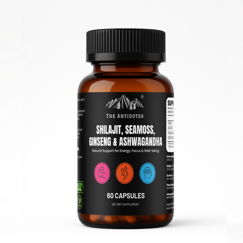 The Antidotes 4-in-1 shilajit, sea moss, ginseng and ashwagandha capsules, 60 capsule pack