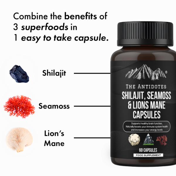 Shilajit, SeaMoss and Lions Mane Capsules - 60 Capsules - Vegan